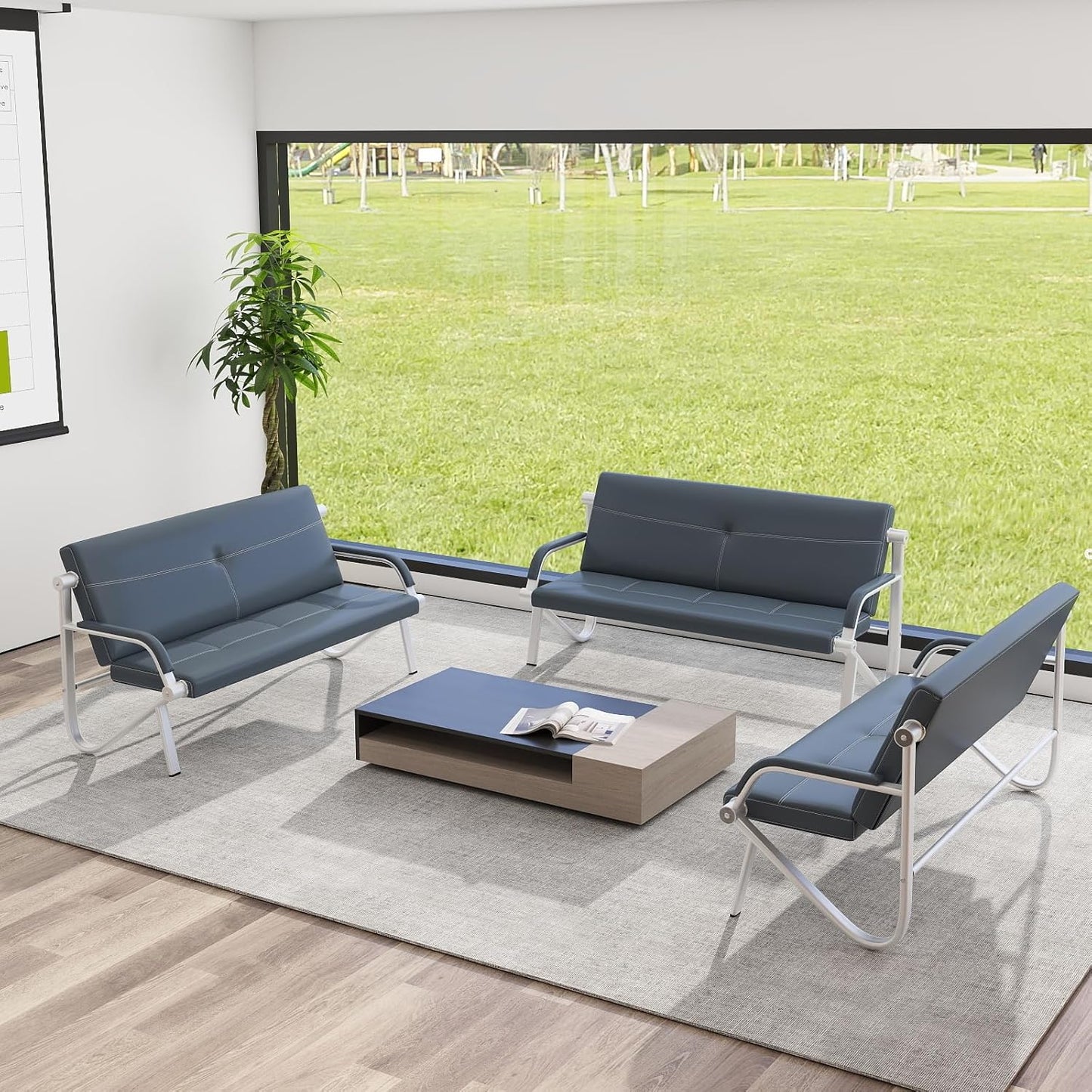 Kinsuite 3-Seat Office Reception Waiting Room Chairs - Guest & Reception Chairs for Salon Barber Bench Airport Bank Hall Visitor Guest Black PU Leather Office Sofa, Black