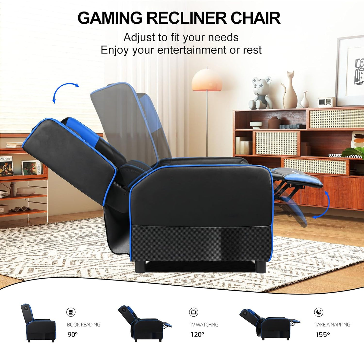 GTRACING Gaming Recliner Chair for Living Room Racing Style Single PU Leather Gaming Sofa for Adults Modern Game Recliners Ergonomic Comfortable Home Theater Seating, Blue