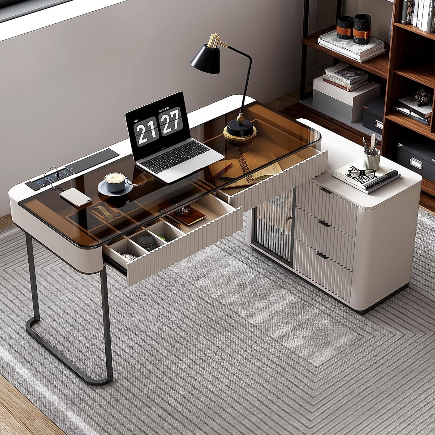 Lartis Office Desk, Very Easy to Assemble, Computer Desk, Home Telescopic Writing Desk, Modern Computer Desk with Retractable Cabinet Built-in LED Lights (Black Brown, 47 in)