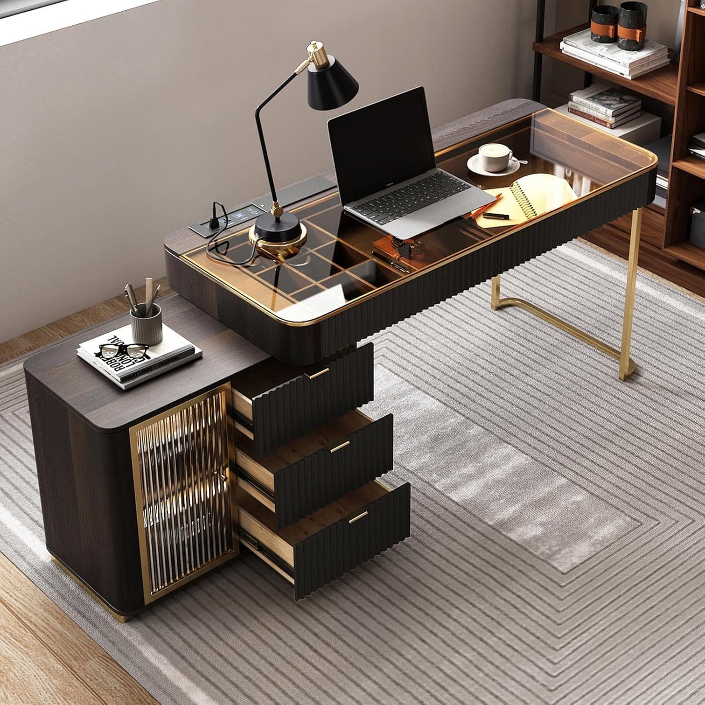 Lartis Office Desk, Very Easy to Assemble, Computer Desk, Home Telescopic Writing Desk, Modern Computer Desk with Retractable Cabinet Built-in LED Lights (Black Brown, 47 in)