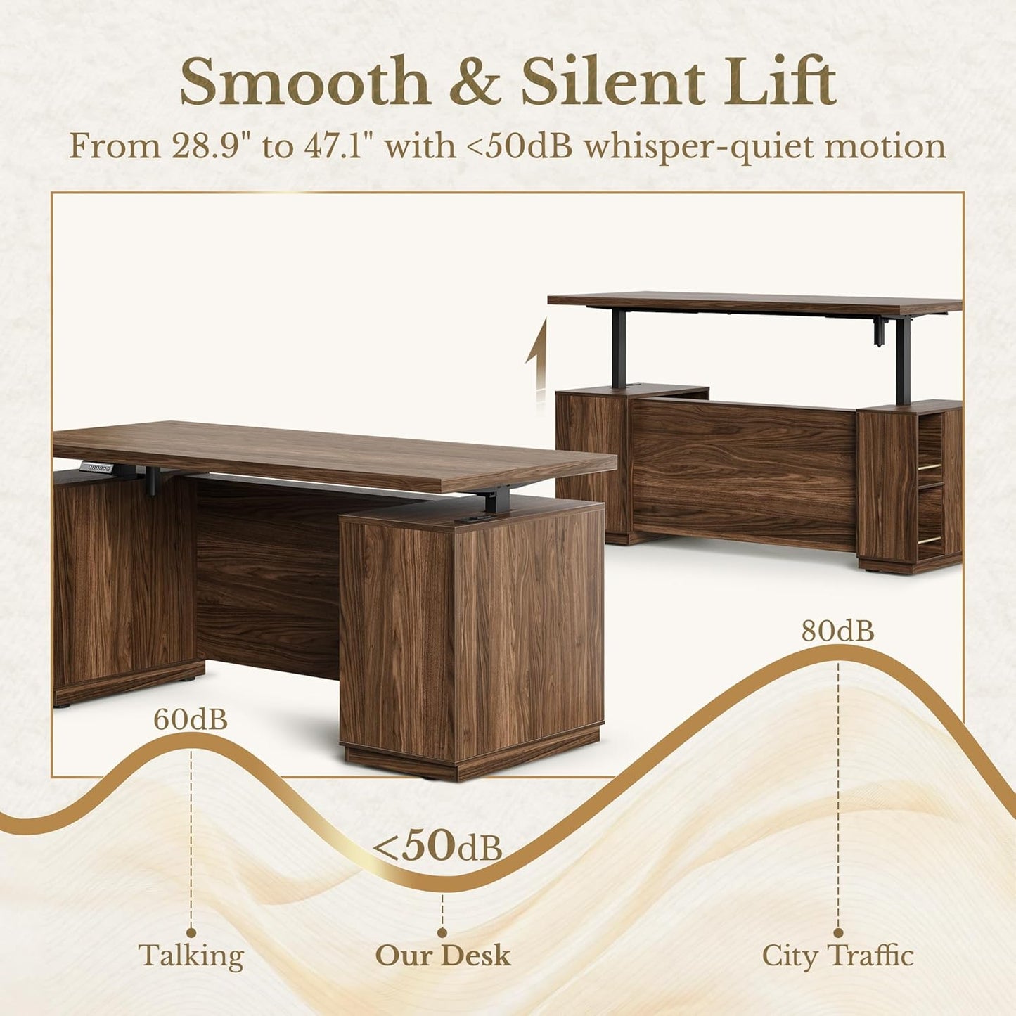 70" Standing Desk with Storage, Executive Electric Height Adjustable Stand Up Desk with AC/USB, Privacy Panel, Large One-Piece Destop, Fluted Computer Desk, Black Walnut