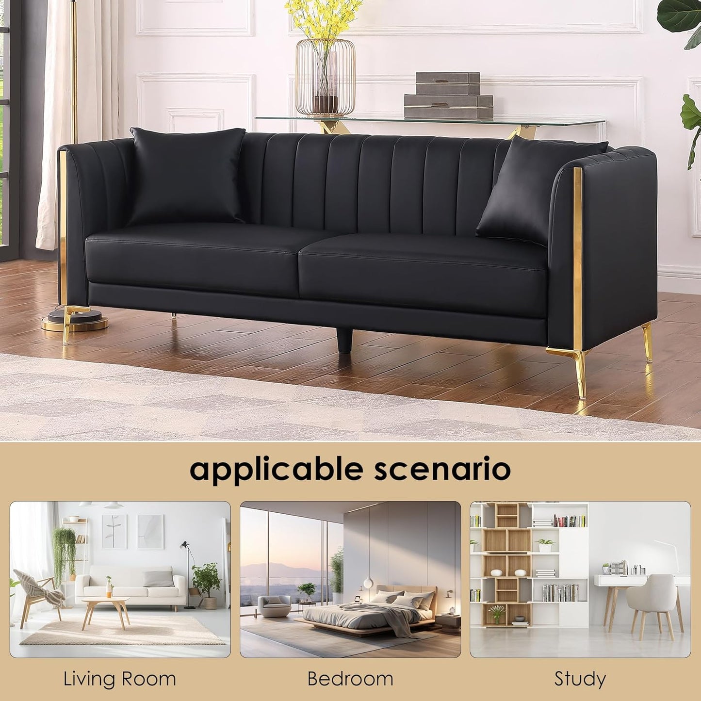 FOTOSOK 78'' Sofa, Black Couches for Living Room, Comfy Sofas Faux Leather Sofa 3 Seater Couches with 2 Throw Pillows and Gold Metal Legs, Deep Seat Sofas for Home, Office (Black)
