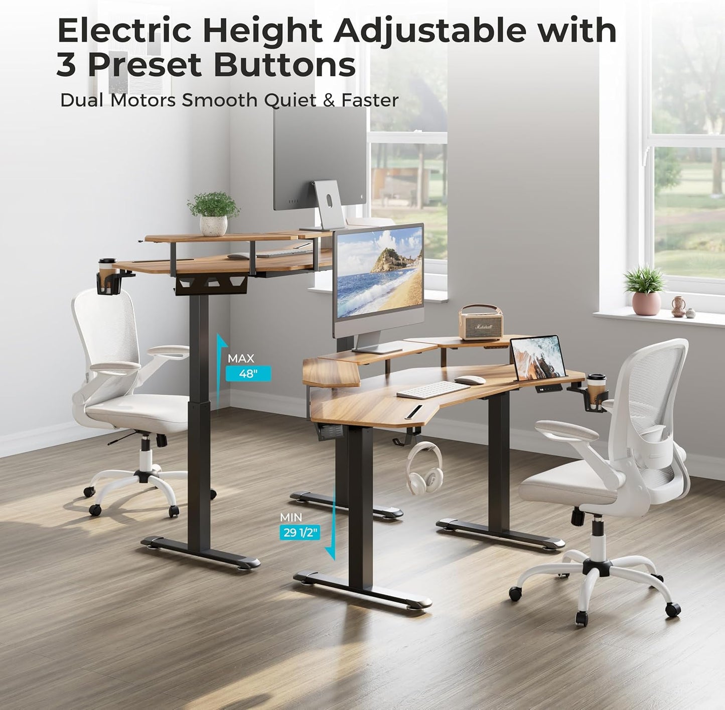 EUREKA ERGONOMIC Standing Gaming Desk with Dual Motor,63" Wing Shaped Computer Desk w Mouse Pad, Electric Adjustable Height Table w LED Monitor Stands,Slot Design,Walnut
