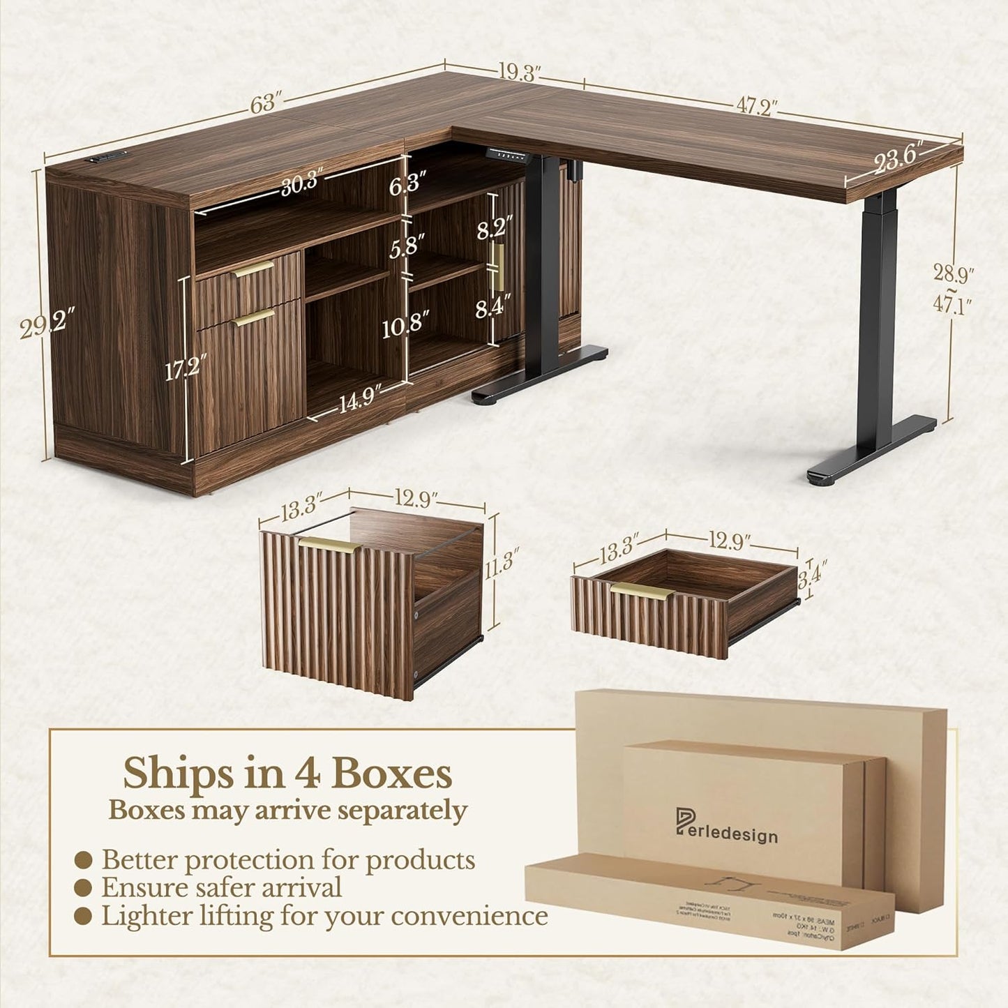 Height Adjustable Electric Standing Desk, 67 x 24 Inches Sit Stand up Desk with 2 File Cabinets, AC/USB, 1.18" Desktop, Fluted L Shaped Computer Desk for Home and Office, Black Walnut