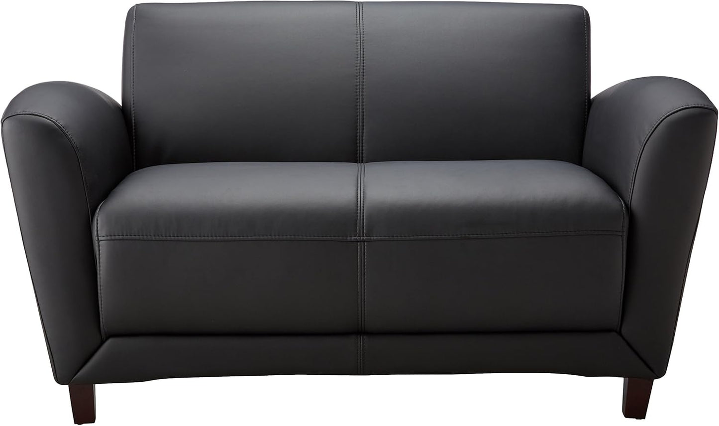 Lorell Accession Reception Loveseat, 55" x 22" x 31.25", Black Bonded Leather with Mahogany Legs