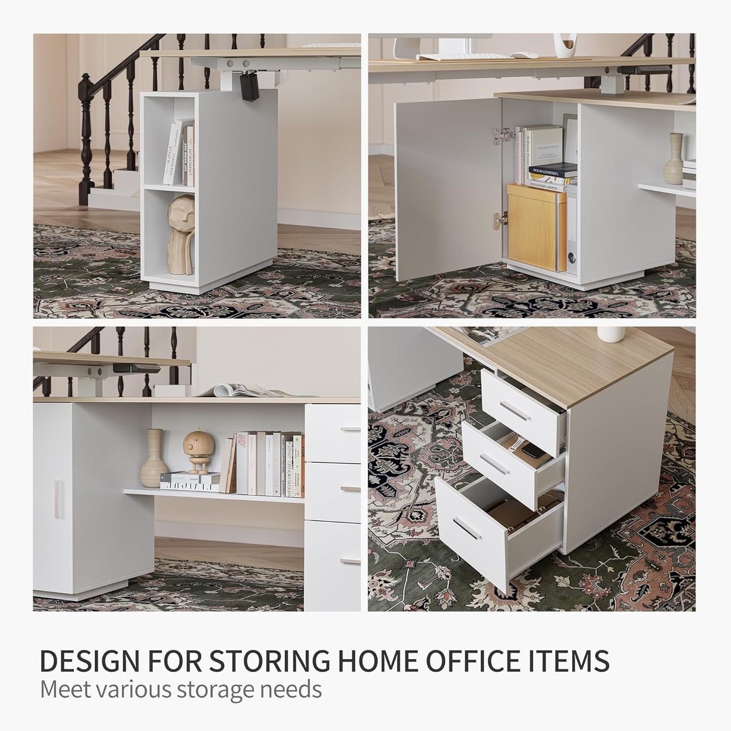 FEZIBO Electric Height Adjustable Stand up Desk for Home Office, 63" L Shaped Executive Standing Desk with 3-Drawer File Cabinet, Computer Desk with Storage Cabinets, White Frame/Light Walnut Top
