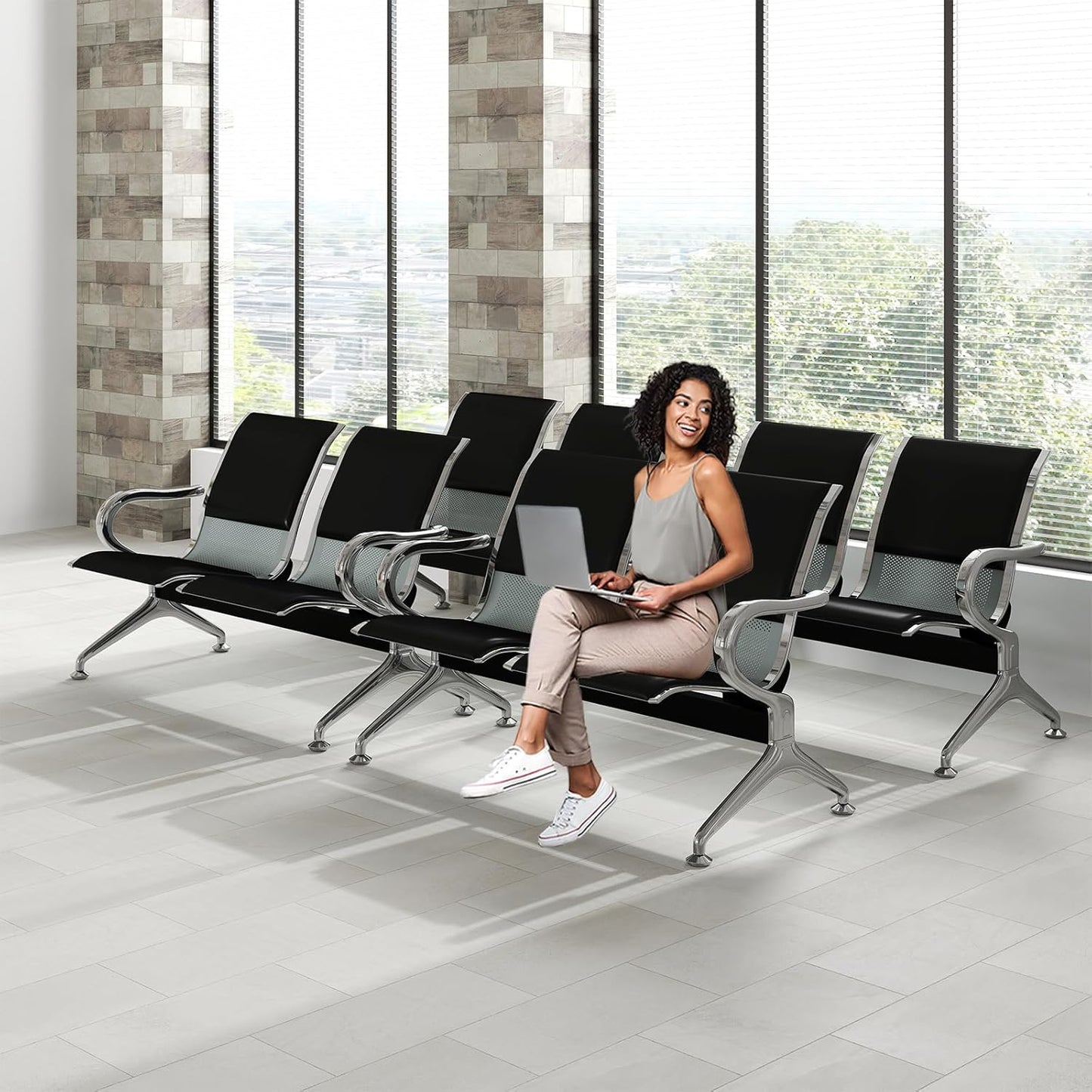 Kinfant 5-Seat Waiting Room Chairs Sofa Furniture - Office Guest Reception Chair with Armrest for Waiting Room Airport Hospital Bank (Black - PU+Mesh)