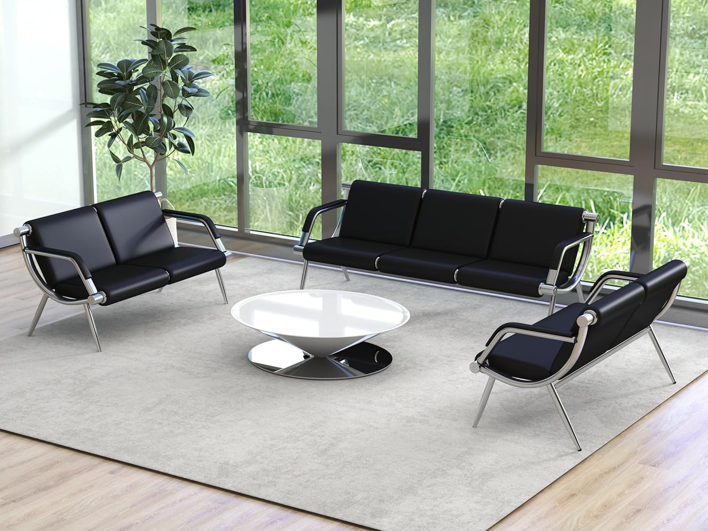 Kinsuite 3-Seat Office Reception Waiting Room Chairs - Guest & Reception Chairs for Salon Barber Bench Airport Bank Hall Visitor Guest Black PU Leather Office Sofa, Black