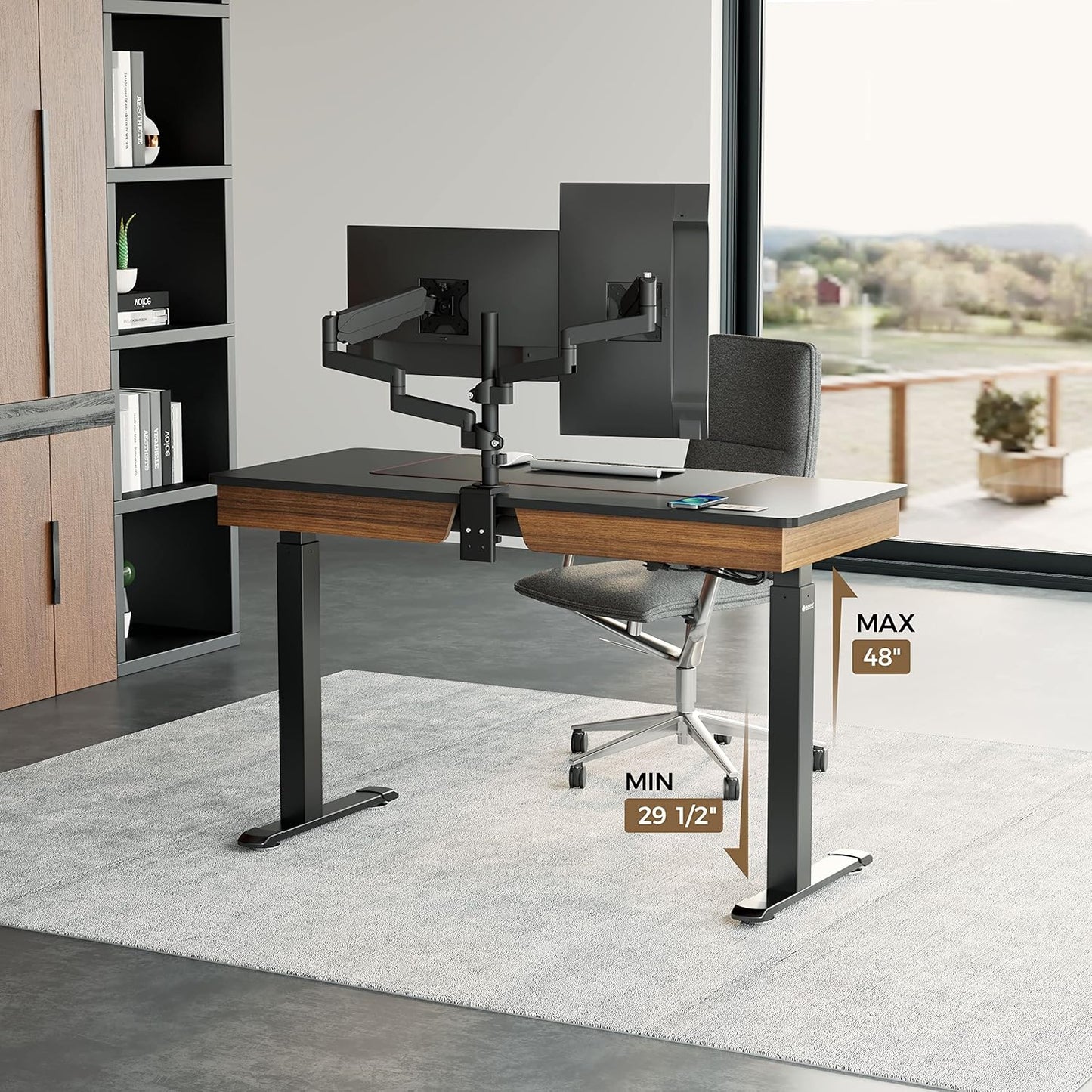 EUREKA ERGONOMIC Standing Desk with 2 Drawers, 55" Dual-Motor Height Adjustable Sit Stand Up Desk with Built-in Outlet, Wireless Charger, Luxury Home Office Computer Table with Monitor Riser, Walnut