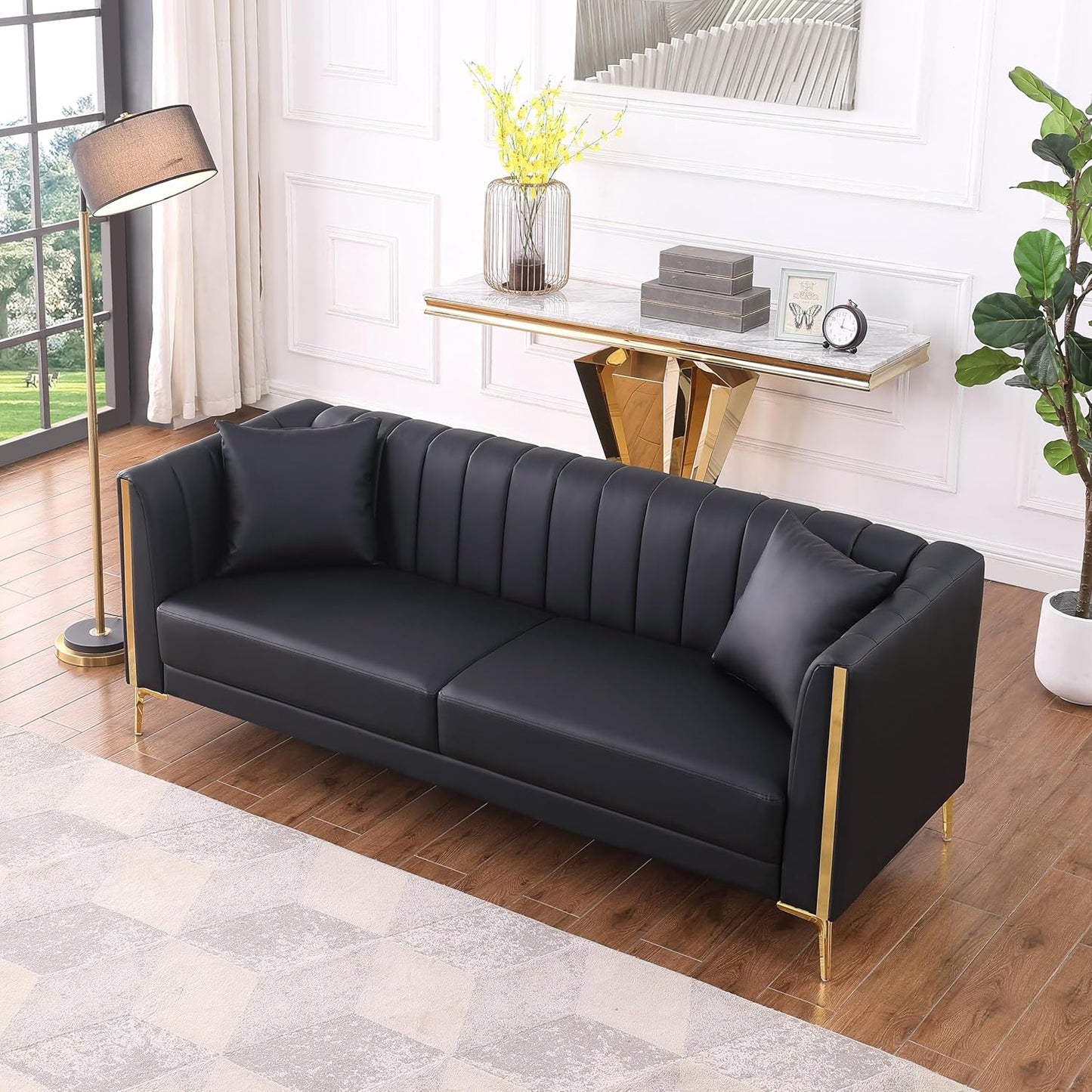 FOTOSOK 78'' Sofa, Black Couches for Living Room, Comfy Sofas Faux Leather Sofa 3 Seater Couches with 2 Throw Pillows and Gold Metal Legs, Deep Seat Sofas for Home, Office (Black)
