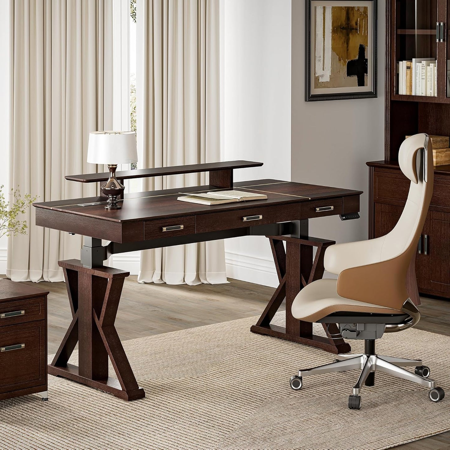 EUREKA ERGONOMIC Standing Desk, 63 inch Executive Desk w Drawers,Modern X-Shaped Leg Luxury Home Office Computer Desk w Monitor Stand,Smoked Oak