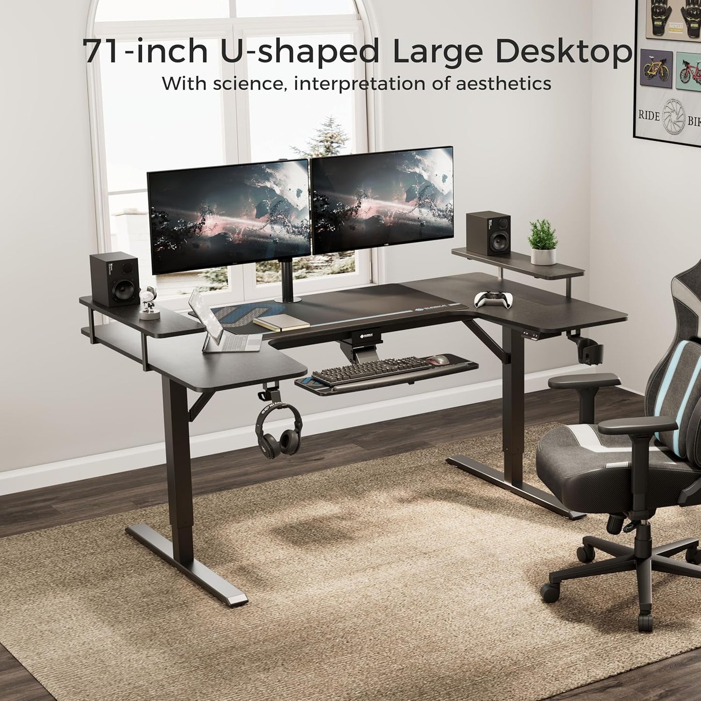 EUREKA ERGONOMIC Standing Desk with Keyboard Tray,U-Shaped 74 Inch Large Gaming Desk,Electric Height Adjustable Music Studio Desk w LED Convertible Shelves