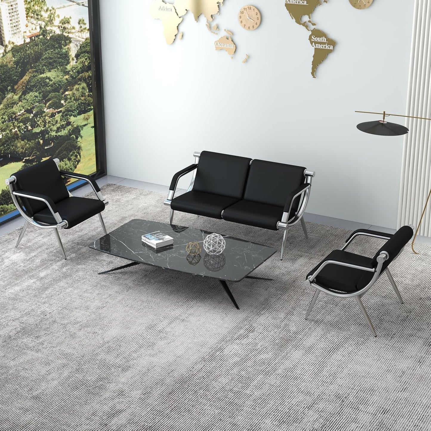 Kinsuite 3-Seat Office Reception Waiting Room Chairs - Guest & Reception Chairs for Salon Barber Bench Airport Bank Hall Visitor Guest Black PU Leather Office Sofa, Black
