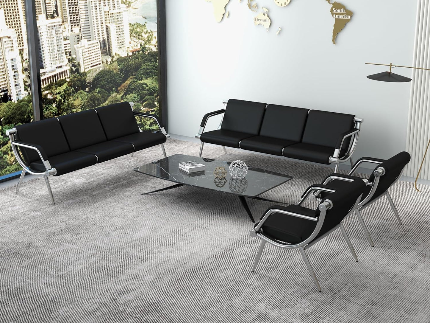 Kinsuite 3-Seat Office Reception Waiting Room Chairs - Guest & Reception Chairs for Salon Barber Bench Airport Bank Hall Visitor Guest Black PU Leather Office Sofa, Black
