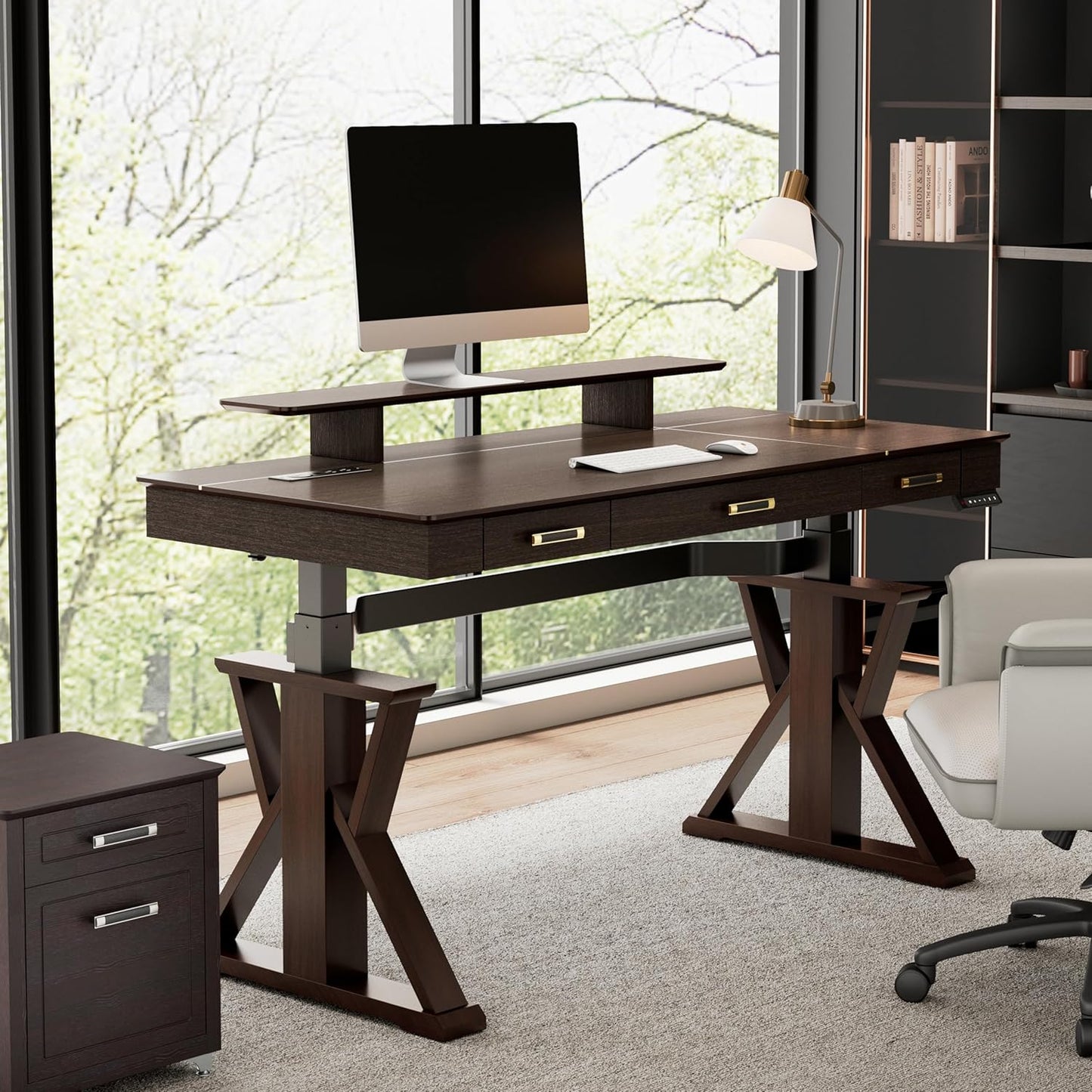 EUREKA ERGONOMIC Standing Desk, 63 inch Executive Desk w Drawers,Modern X-Shaped Leg Luxury Home Office Computer Desk w Monitor Stand,Smoked Oak