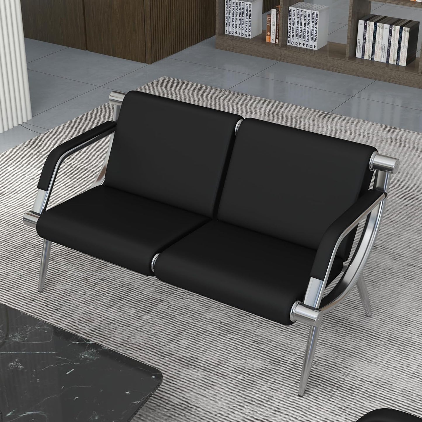 Kinsuite 3-Seat Office Reception Waiting Room Chairs - Guest & Reception Chairs for Salon Barber Bench Airport Bank Hall Visitor Guest Black PU Leather Office Sofa, Black