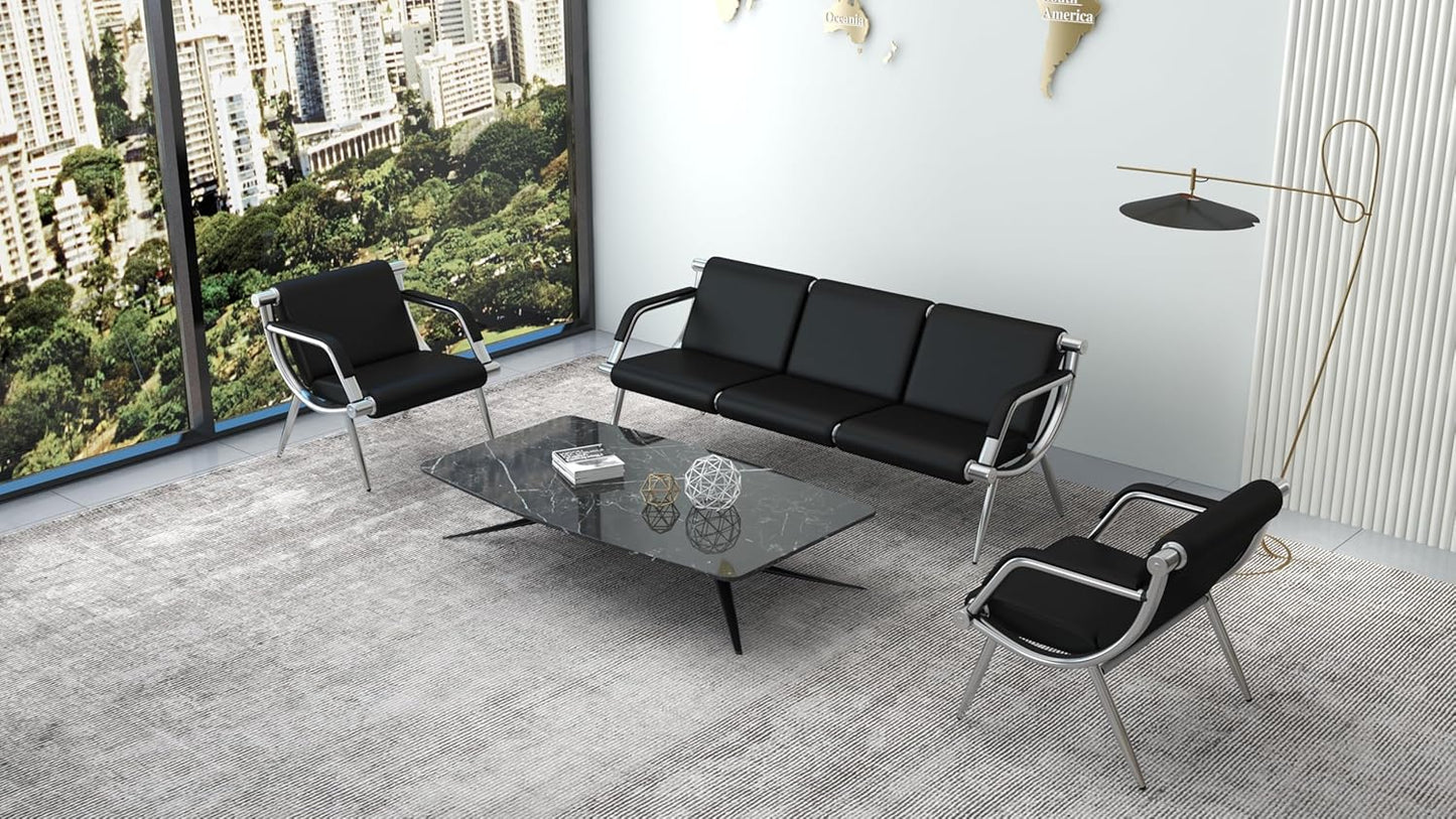 Kinsuite 3-Seat Office Reception Waiting Room Chairs - Guest & Reception Chairs for Salon Barber Bench Airport Bank Hall Visitor Guest Black PU Leather Office Sofa, Black