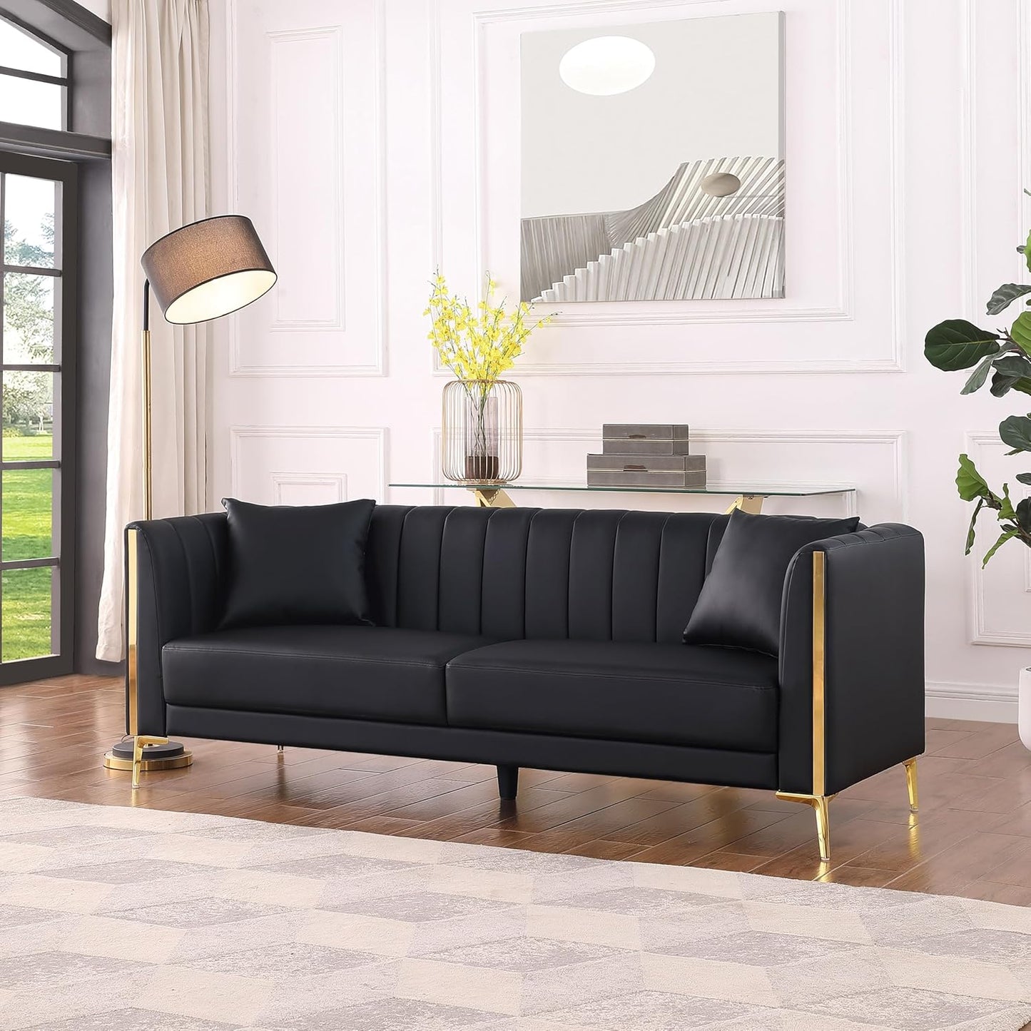FOTOSOK 78'' Sofa, Black Couches for Living Room, Comfy Sofas Faux Leather Sofa 3 Seater Couches with 2 Throw Pillows and Gold Metal Legs, Deep Seat Sofas for Home, Office (Black)