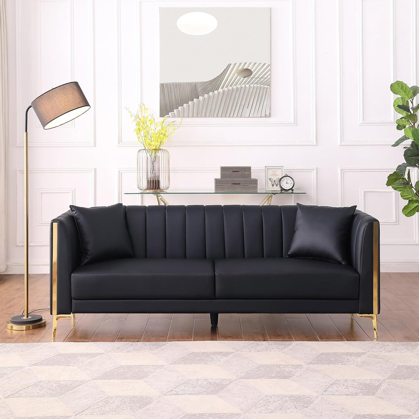 FOTOSOK 78'' Sofa, Black Couches for Living Room, Comfy Sofas Faux Leather Sofa 3 Seater Couches with 2 Throw Pillows and Gold Metal Legs, Deep Seat Sofas for Home, Office (Black)