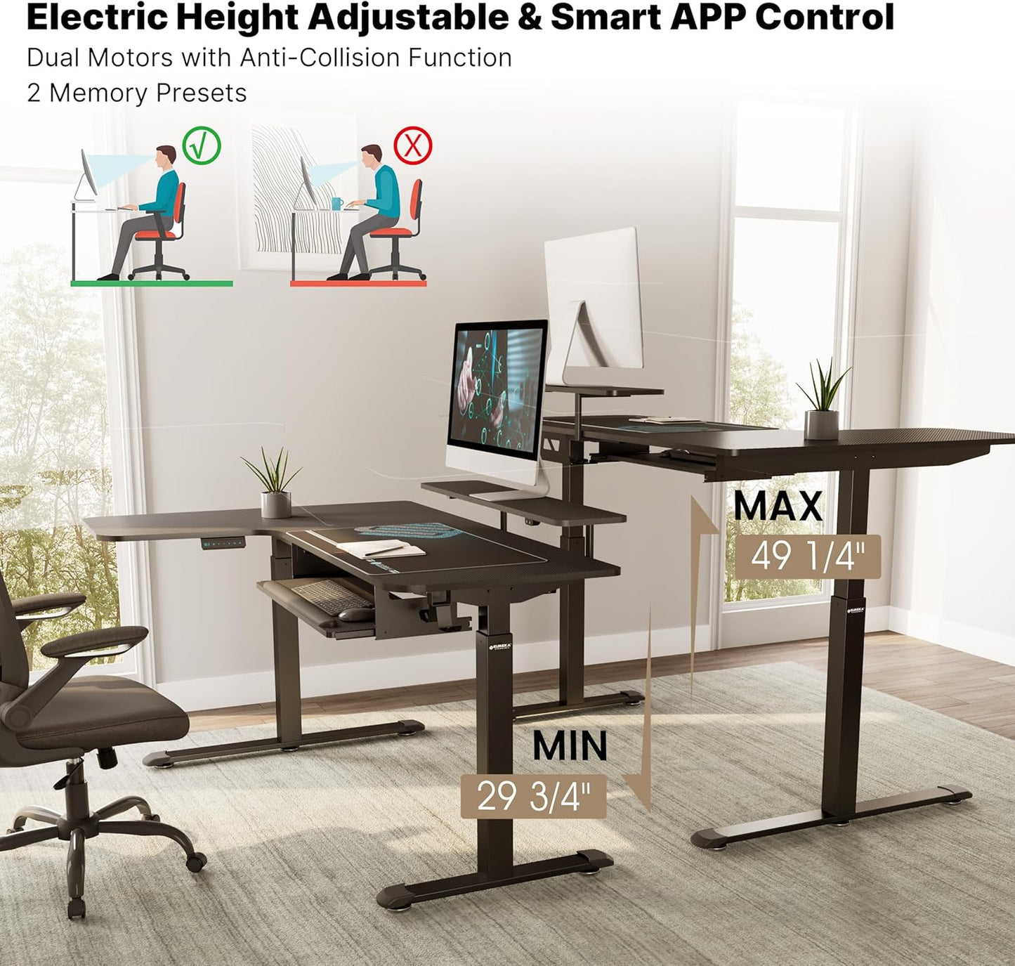 EUREKA ERGONOMIC Standing Desk (61"x43")- L Shaped Desk with Keyboard Tray Adjustable Height Sit Stand Computer Desk Corner Gaming Ergo Desk w Memory Presets, Monitor Stand, LED/USB/Dual Motor, Right